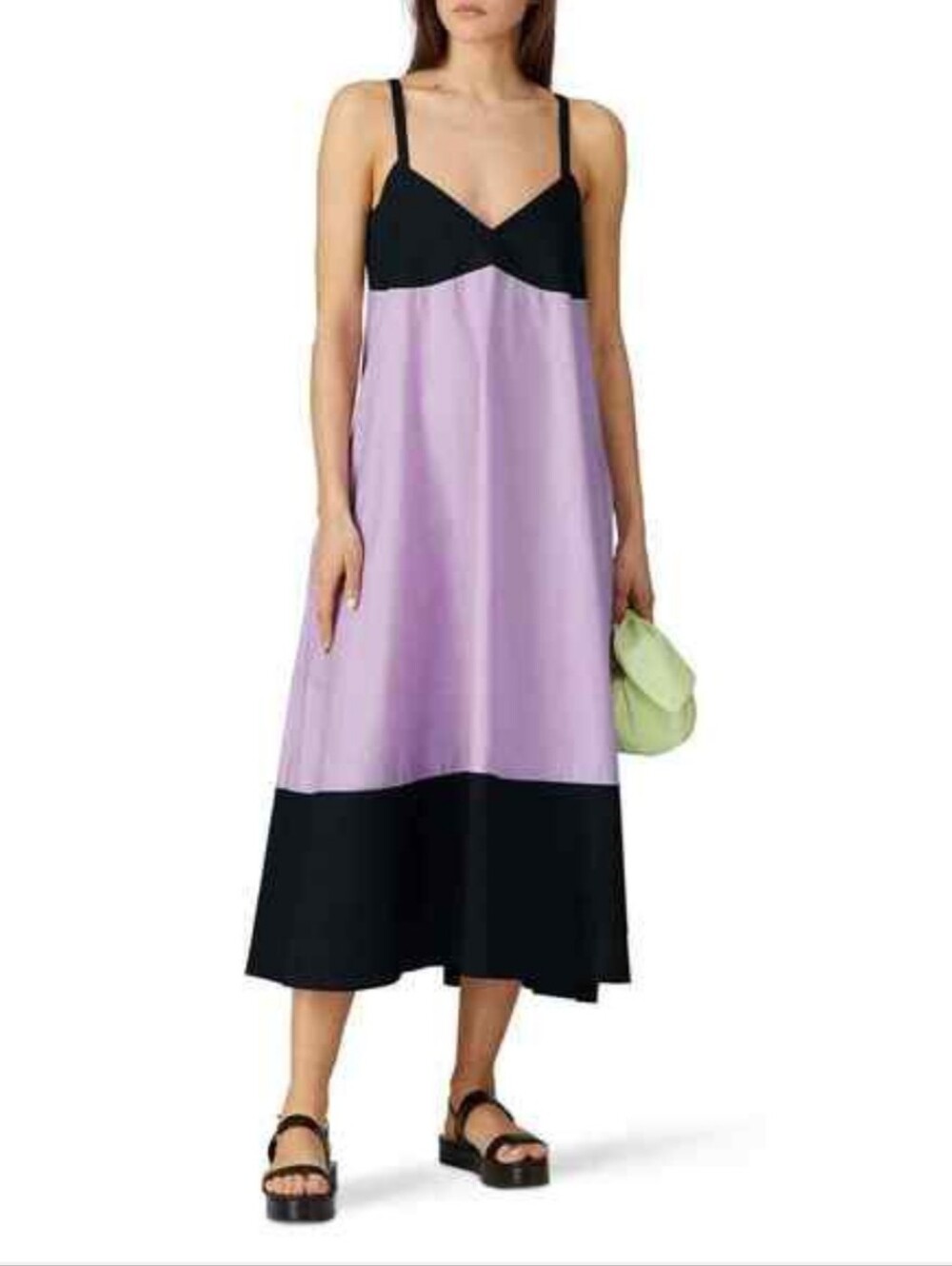 Veda Rio Black Lavender Colorblock Cotton Midi Dress V-Neck Adjustable Strap XL